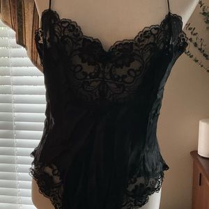 Black satin teddy with lace